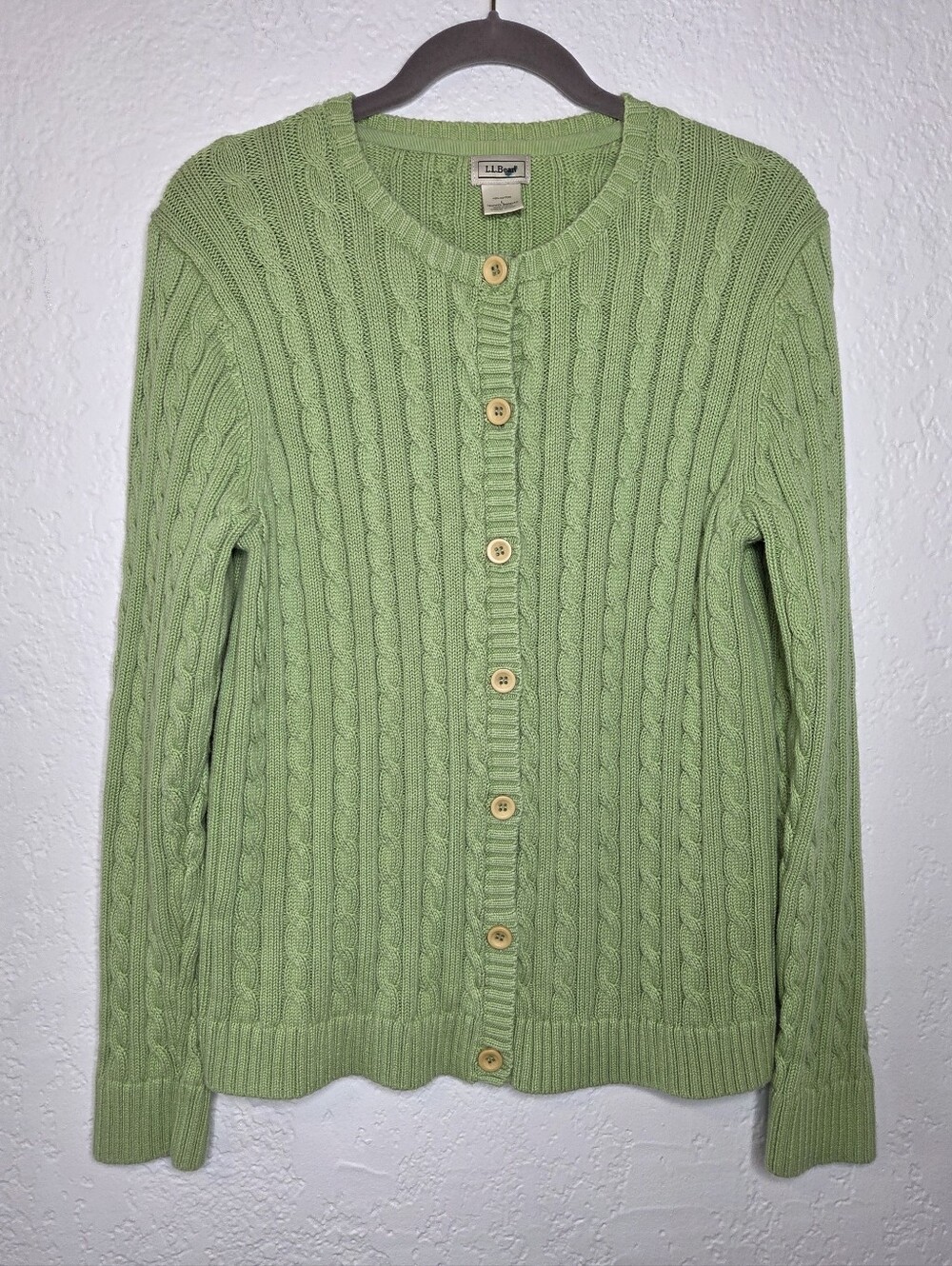 L.L. Bean Light Green Cable Knit Button Cardigan Sz Large Chunky Cotton Sweater